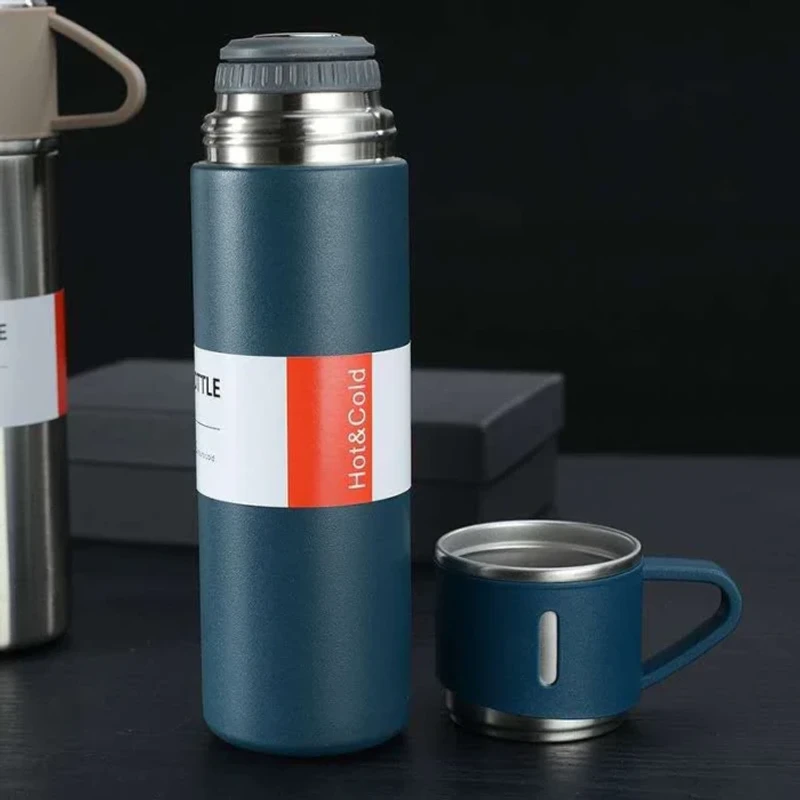 Double Wall Stainless Steel Thermo 500ml Approximate Vacuum Insulated Bottle Water Flask Gift Set with Two Cups Hot & Cold Assorted Color - Image 7