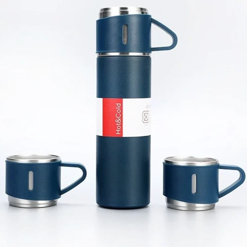 Double Wall Stainless Steel Thermo 500ml Approximate Vacuum Insulated Bottle Water Flask Gift Set with Two Cups Hot & Cold Assorted Color - Image 3